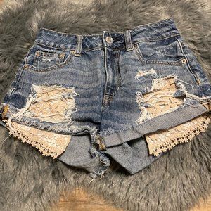 American Eagle hi rise festival distressed crochet pockets jean shorts 0